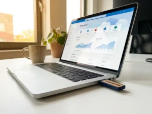 Aangepast domeinnaamkaartje gekoppeld aan Microsoft 365-dashboard op laptop, professioneel kantoor met natuurlijk zijlicht.