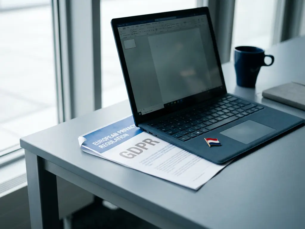Microsoft 365 laptop op een kantoorbureau met een AVG-document en een Nederlandse vlaggenspeld op het toetsenbord.