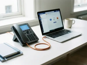 Moderne bureautelefoon verbonden met laptop waarop Microsoft Teams openstaat, op wit bureau met zacht natuurlijk licht.