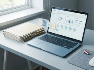 Laptop met cloud-dashboard op minimalistisch bureau, omgeven door mappen en digitale bestanden met Nederlandse vlag pin.