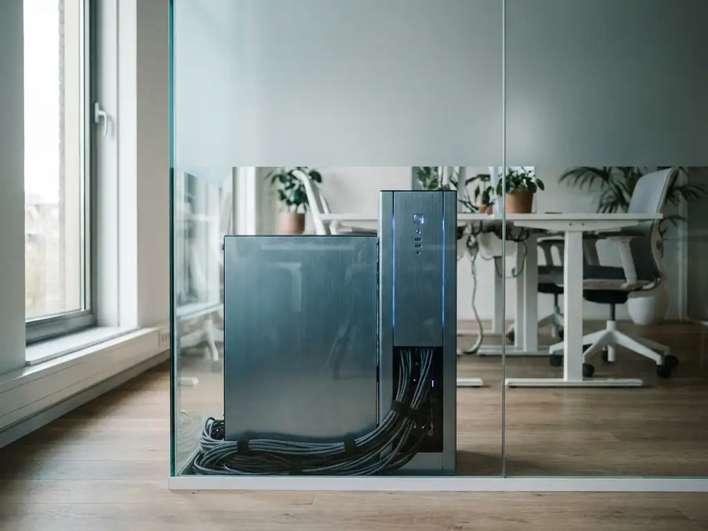 Fysieke servertoren in modern Nederlands kantoor, gescheiden door glazen wand, met netjes geordende kabels en natuurlijk daglicht.