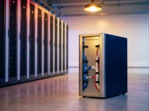 Dedicated servertoren in Nederlands datacenter, gescheiden van gedeelde rackservers, met zichtbaar kabelmanagement en blauw-zilveren sfeerverlichting.