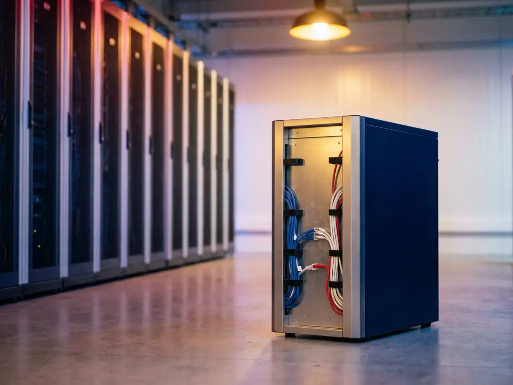 Dedicated servertoren in Nederlands datacenter, gescheiden van gedeelde rackservers, met zichtbaar kabelmanagement en blauw-zilveren sfeerverlichting.