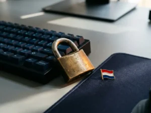 Vintage messing hangslot op modern toetsenbord met Nederlandse vlaggenspeld, symbool voor digitale beveiliging.