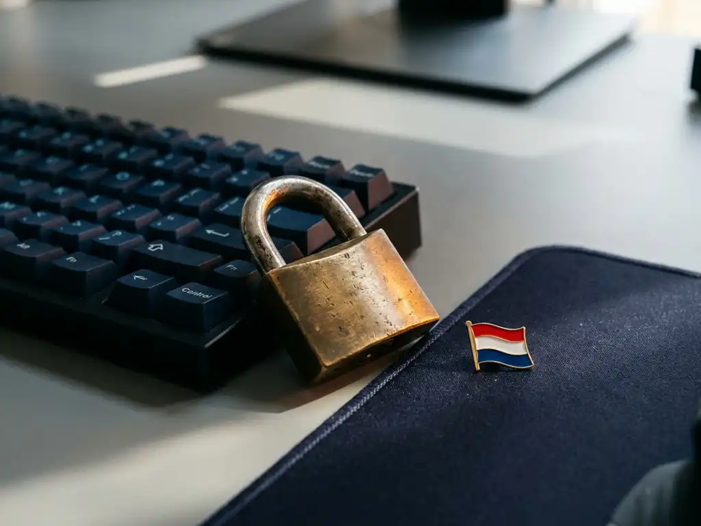 Vintage messing hangslot op modern toetsenbord met Nederlandse vlaggenspeld, symbool voor digitale beveiliging.