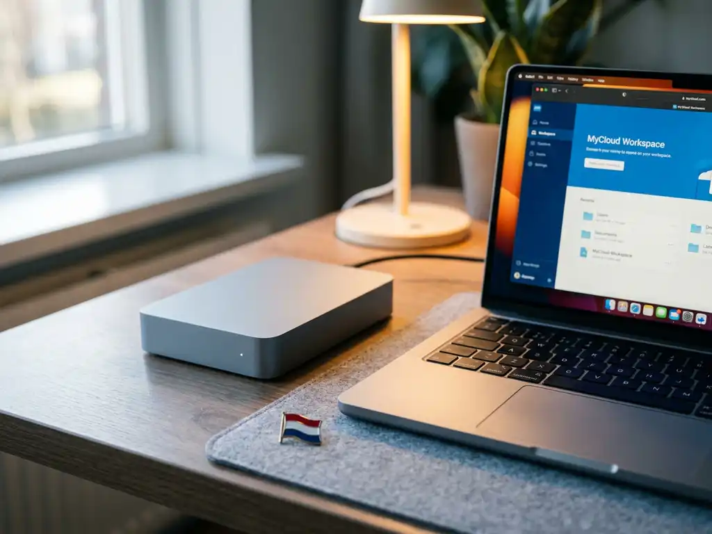 Externe harde schijf en laptop op modern bureau met Nederlandse vlaggenpin, zachte natuurlijke belichting in een professionele ICT-werkruimte.
