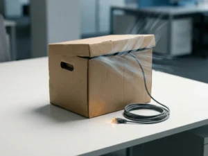Verzegelde archiefbox op wit bureau met loszittend deksel waaruit digitaal licht ontsnapt, naast een losgekoppelde ethernetkabel.