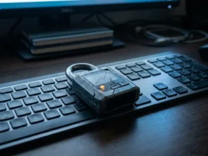 Gebarsten digitaal hangslot op een modern toetsenbord in een donker verlicht kantoor, blauwe monitorgloed, cybersecurity kwetsbaarheid.
