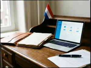 Opengeslagen juridisch dossier in leer op eikenhouten bureau met laptop, vulpen op officiële documenten en Nederlandse vlag op achtergrond.