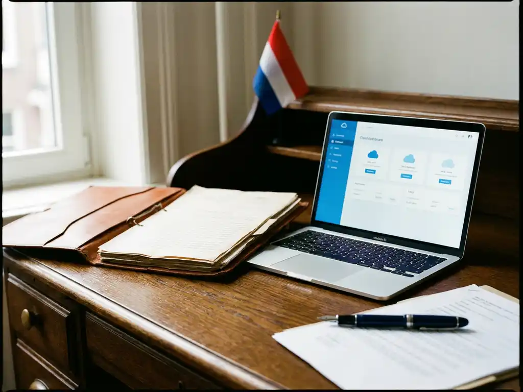 Opengeslagen juridisch dossier in leer op eikenhouten bureau met laptop, vulpen op officiële documenten en Nederlandse vlag op achtergrond.