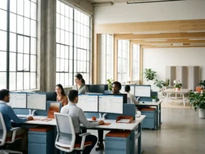 Klein team op moderne werkplekken in lichte open kantoorruimte met Microsoft 365 op monitoren, stalen blauwtinten en natuurlijk daglicht.