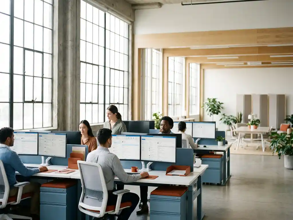 Klein team op moderne werkplekken in lichte open kantoorruimte met Microsoft 365 op monitoren, stalen blauwtinten en natuurlijk daglicht.