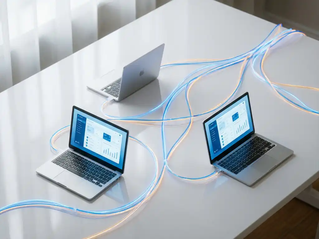 Drie laptops verbonden via gloeiende glasvezelkabels op een wit bureau, symboliseren een modern kantoornetwerk met Microsoft-blauwe en amber tinten.