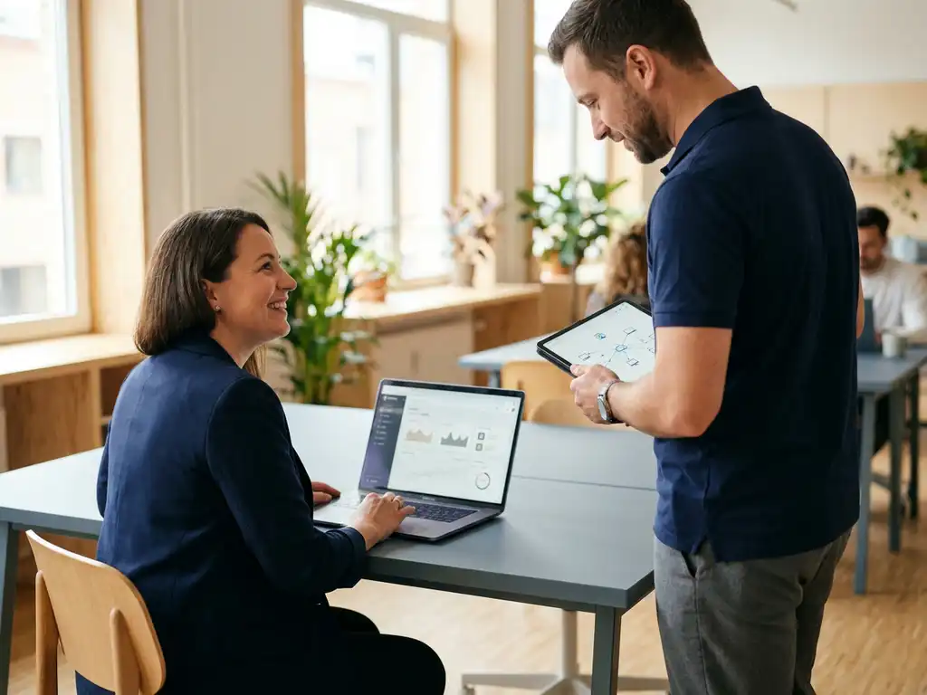 Kleine ondernemer aan modern bureau met laptop open op Microsoft 365-dashboard, ICT-technicus bekijkt netwerkdiagram op tablet.