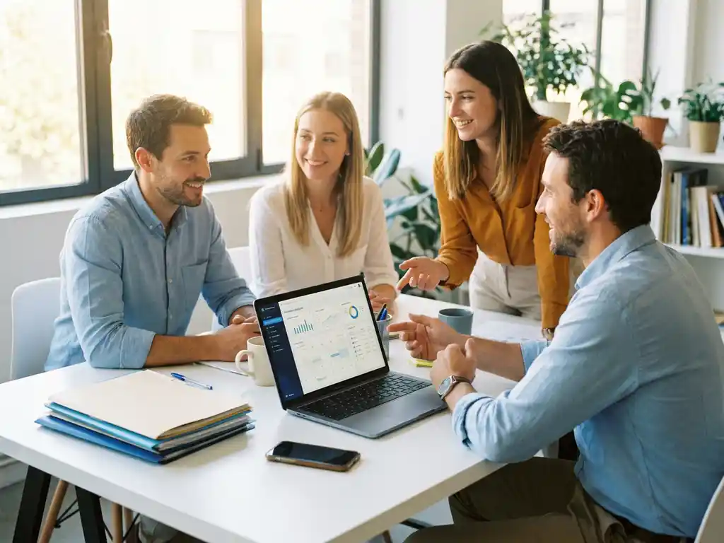 Klein zakelijk team dat samenwerkt aan een moderne bureau met laptop, mappen en smartphone in warm daglicht.