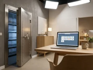 Stalen kluisdeur op een kier met gloeiende digitale mappen, laptop met Microsoft 365-dashboard op minimalistisch kantoorbureau.