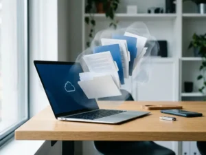Laptop op houten bureau met papieren documenten die digitaal de cloud invliegen, smartphone en USB-stick als contrast.