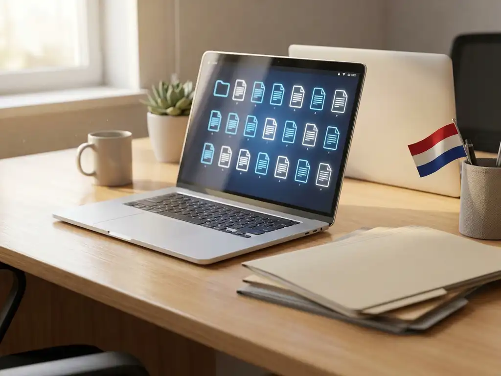 Laptop op modern bureau met digitale documentenbibliotheek, omringd door fysieke mappen en Nederlandse vlaggenpin in warm kantoorlicht.