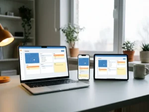 Laptop, smartphone en tablet op modern bureau tonen dezelfde productiviteitsomgeving in blauwe en witte tinten.