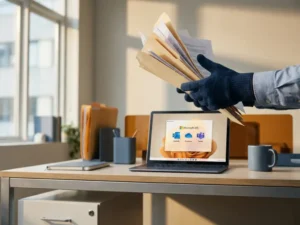 Gehandschoende hand die een stapel vallende mappen opvangt boven een modern bureau met een Microsoft 365-laptop op de achtergrond.