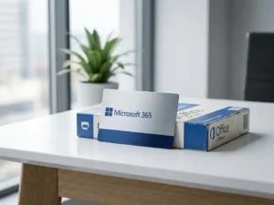 Microsoft 365-abonnementskaart en klassieke Office-doos naast elkaar op een wit bureau in een modern kantoor.