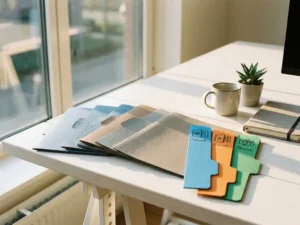 Opgeruimd modern kantoorbureau met gekleurde mappentabs die Microsoft 365-apps symboliseren, meeste ongebruikt en bestoft, enkele actief rechtopstaand.