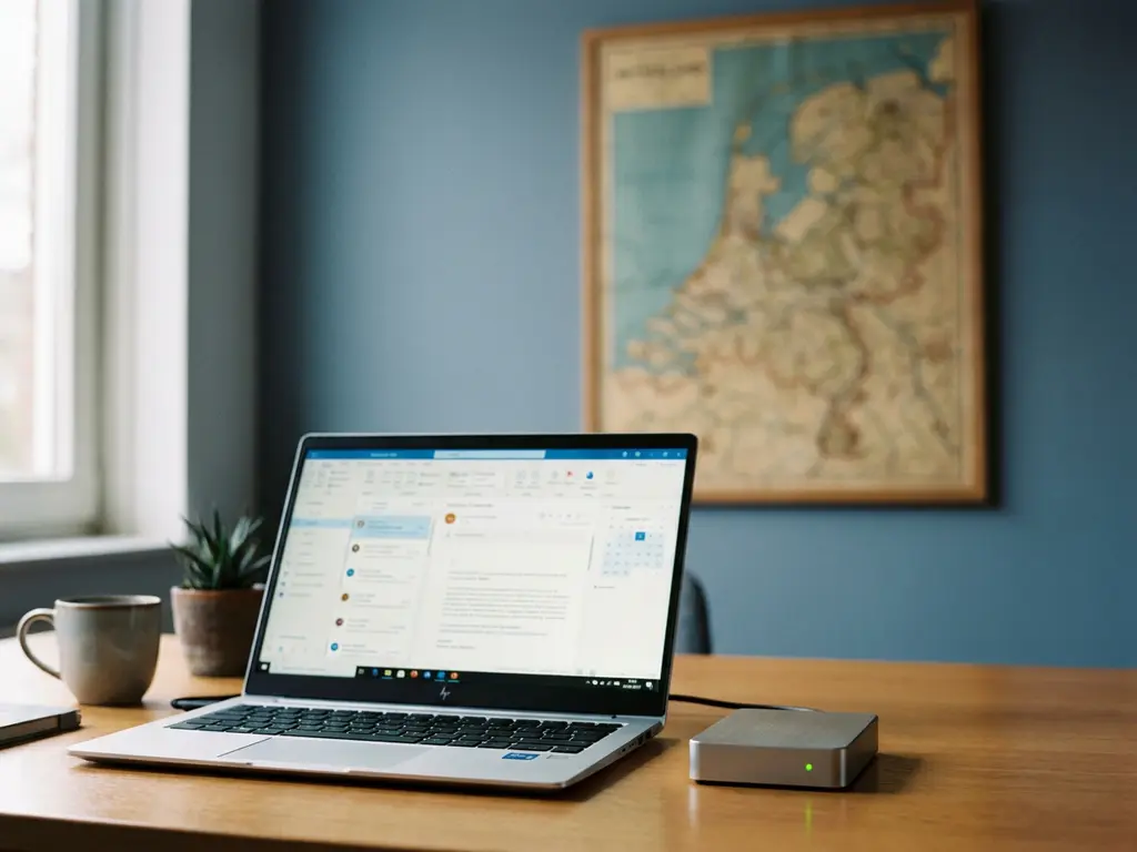 Laptop met Microsoft 365-werkruimte op modern bureau naast externe harde schijf met groen indicatielampje, kantooromgeving Nederland.