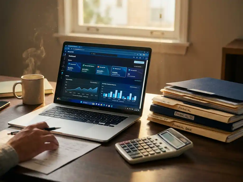 Laptop met Microsoft 365-dashboard op het bureau van een accountant, omringd door financiële mappen, rekenmachine en koffie in ochtendlicht.