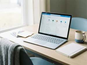 Opgeruimd modern bureau met open laptop met Microsoft 365-dashboard, gelabelde mappenindexen, wit notitieboek en koffiemok in blauw-grijze kantooromgeving.