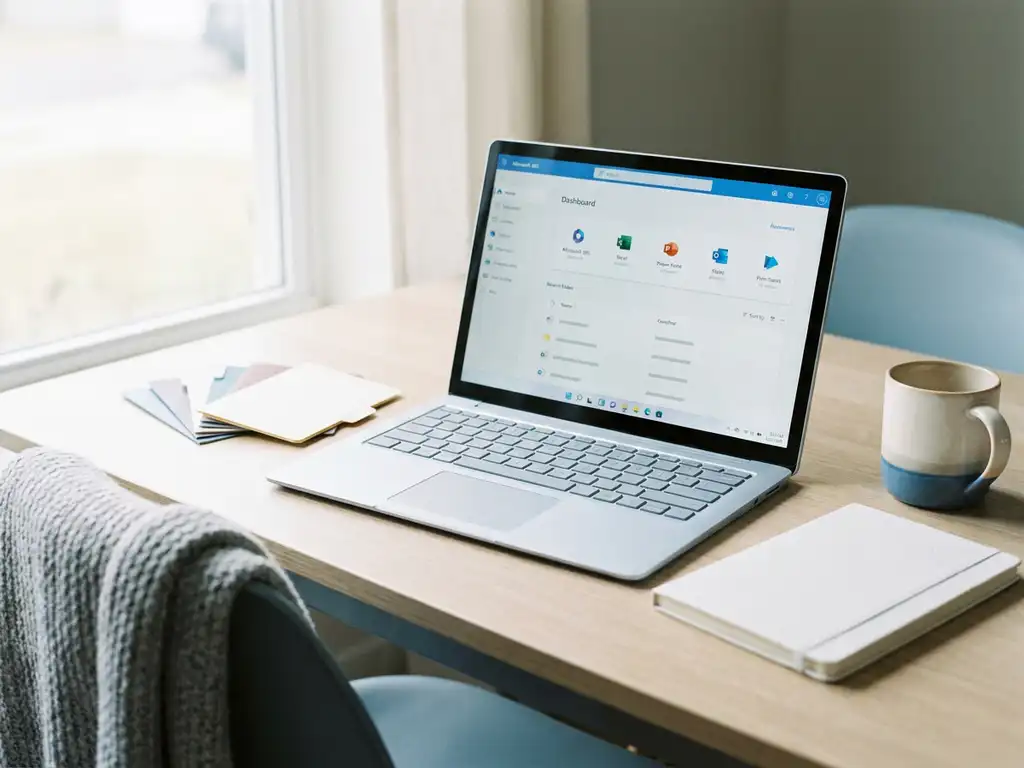 Opgeruimd modern bureau met open laptop met Microsoft 365-dashboard, gelabelde mappenindexen, wit notitieboek en koffiemok in blauw-grijze kantooromgeving.