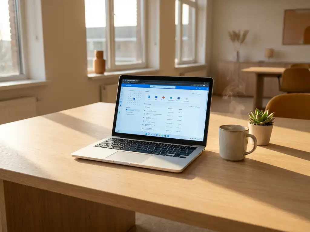 Laptop met Microsoft 365-dashboard op een licht eiken bureau in een modern Nederlands kantoor, met koffie en kamerplant in ochtendlicht.