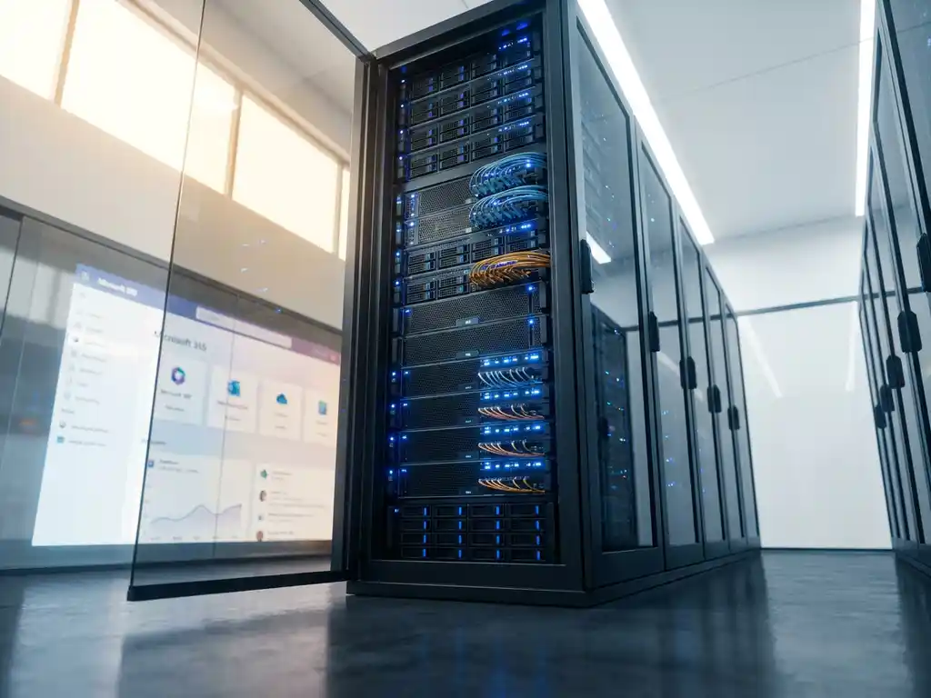Moderne serverrack met blauwe indicatielampjes in een Nederlands datacenter, met een Microsoft 365-reflectie op een glazen paneel.