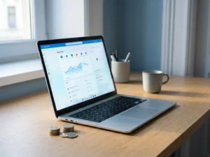 Laptop met Microsoft 365-dashboard op modern Nederlands bureau, met euromunten naast het toetsenbord in natuurlijk daglicht.