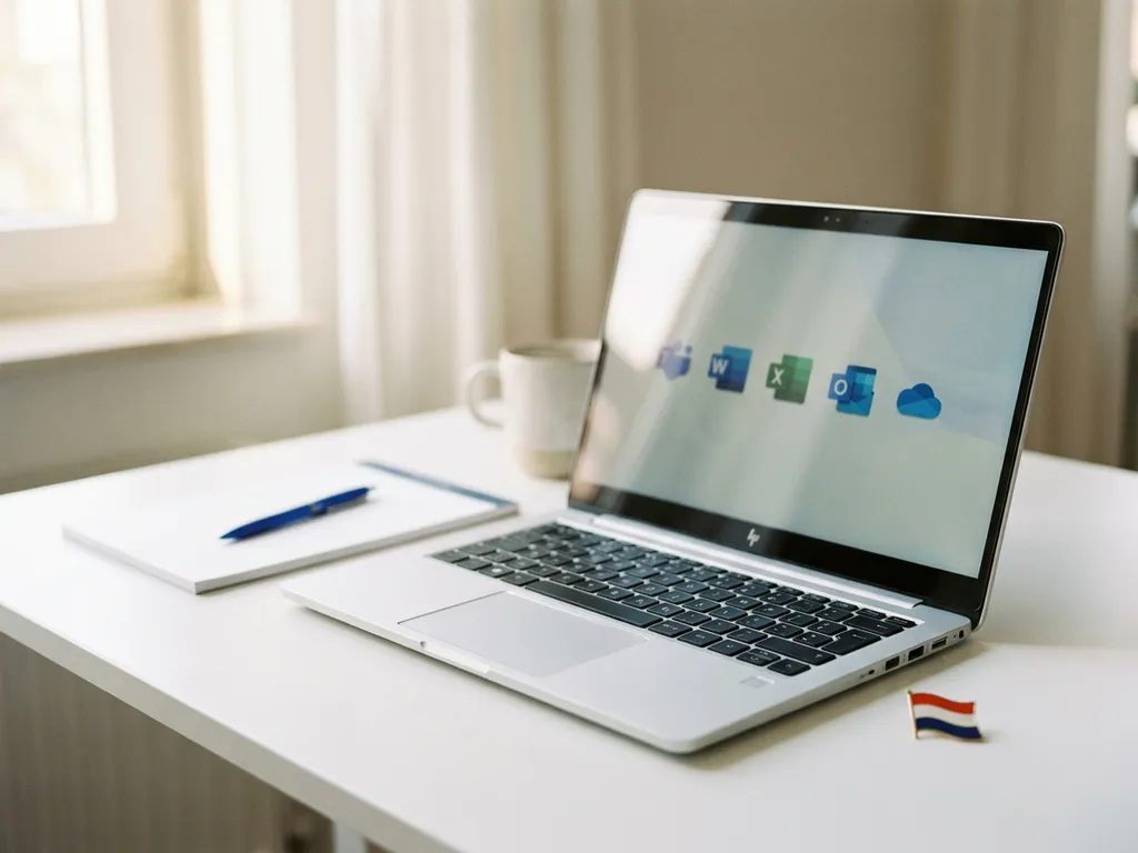 Nieuw uitgepakte laptop op wit bureau met Microsoft 365-pictogrammen op scherm, notitieblok, pen en Nederlandse vlaggenpin ernaast.