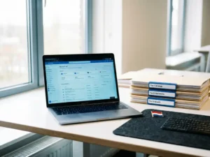 Modern Nederlands kantoorbureau met laptop met Microsoft 365-dashboard, gelabelde mappen en een Nederlandse vlaggenpin in natuurlijk licht.