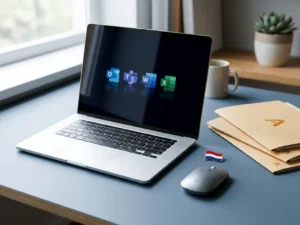 Laptop op opgeruimd bureau met Microsoft 365-reflectie op scherm, Nederlandse vlaggenspeld en draadloze muis, zachte natuurlijke belichting.