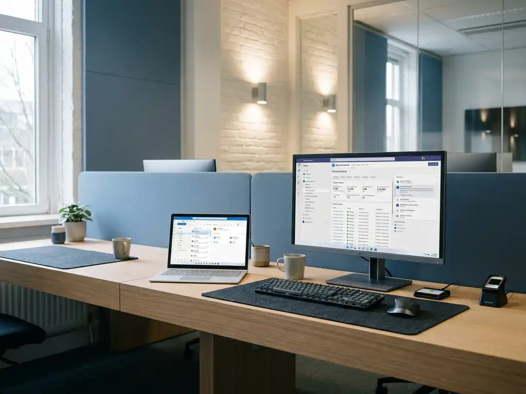 Moderne kantoorwerkplek met twee Microsoft 365-configuraties naast elkaar, van minimale laptop tot volledig uitgerust werkstation met beveiligingshardware.