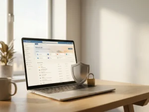 Laptop met Microsoft 365-dashboard op een modern Nederlands bureau, met een beveiligingsschild en hangslot naast het toetsenbord.