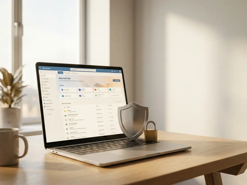Laptop met Microsoft 365-dashboard op een modern Nederlands bureau, met een beveiligingsschild en hangslot naast het toetsenbord.