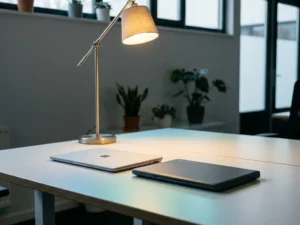 Microsoft 365 laptop en Chromebook naast elkaar op een modern bureau, verlicht door een bureaulamp in een strak kantoor.