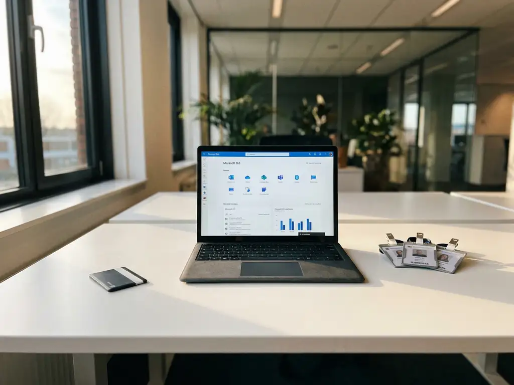 Bedrijfskeycard en laptop met Microsoft 365-dashboard op wit bureau, met personeelsbadges in modern Nederlands kantoor.