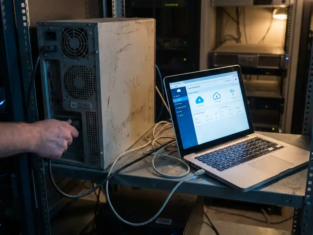 Verouderde servertoren wordt losgekoppeld naast een laptop met cloud-dashboard in een donkere serverruimte.