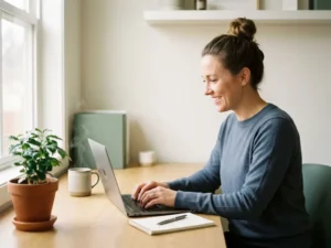 Ondernemer werkt geconcentreerd op laptop aan opgeruimd bureau met koffiemok en plant, natuurlijk daglicht op de achtergrond.