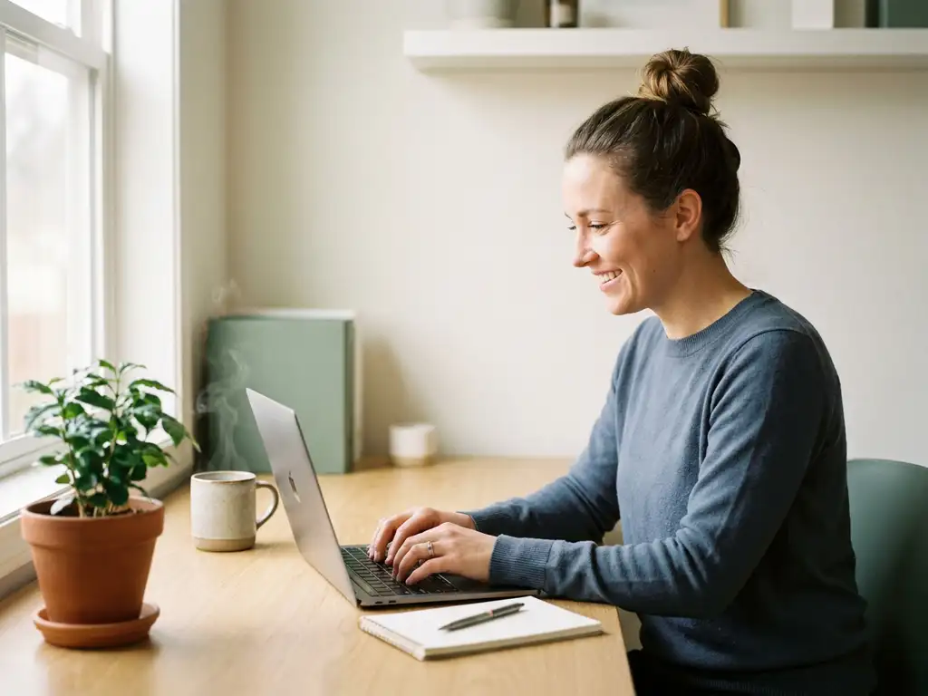 Ondernemer werkt geconcentreerd op laptop aan opgeruimd bureau met koffiemok en plant, natuurlijk daglicht op de achtergrond.