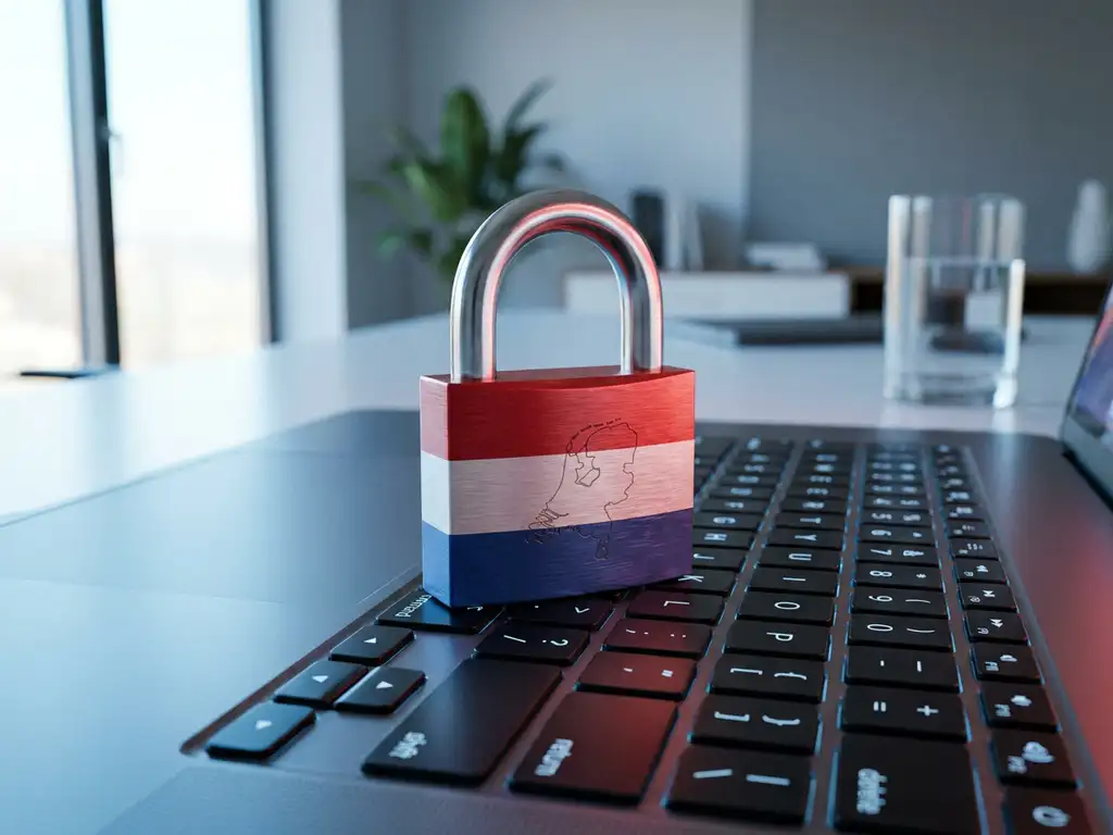 Rood-wit-blauw hangslot met Nederland-omtrek op laptoptoetsenbord, symbool voor Nederlandse cybersecurity.