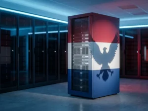 Rood-wit-blauw gekleurkt serverrack in moderne serverruimte met schaduw van een Amerikaanse adelaar op het oppervlak.