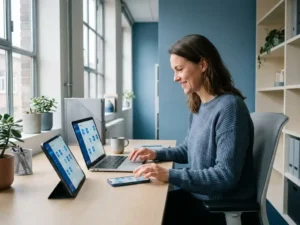 Ondernemer werkt gelijktijdig op laptop, tablet en smartphone aan een modern bureau in een licht Nederlands kantoor.