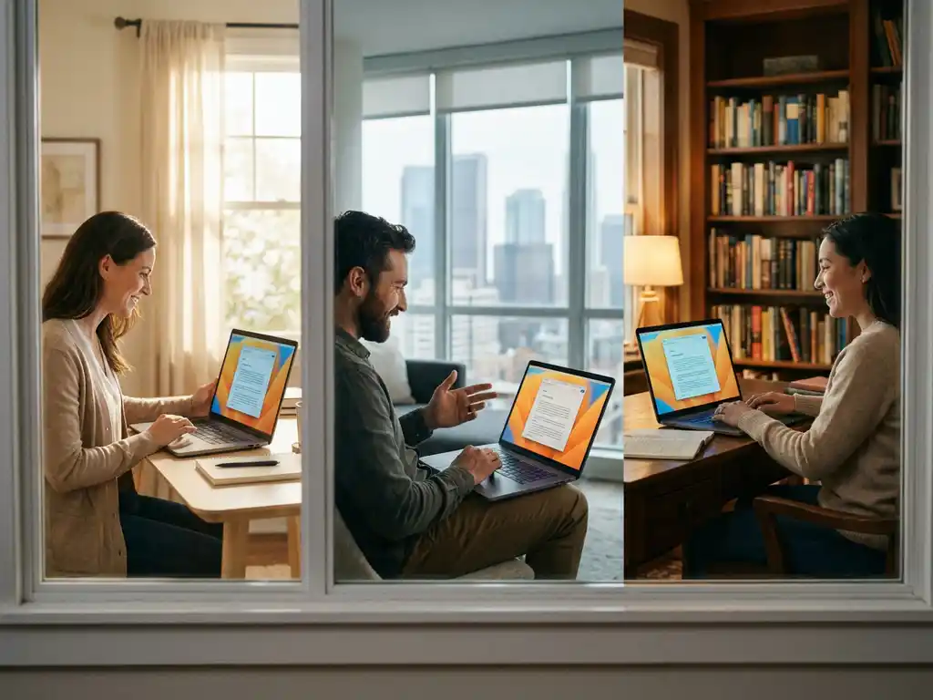 Drie professionals werken op afstand samen via laptops met gedeeld document, warm thuiskantoor en modern stadsappartement.
