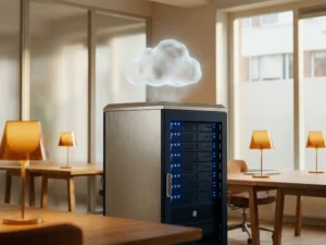 Moderne serverrack in Nederlands kantoor met transparante wolkenformatie erboven, verlicht door warm amberkleurig bureaulicht.