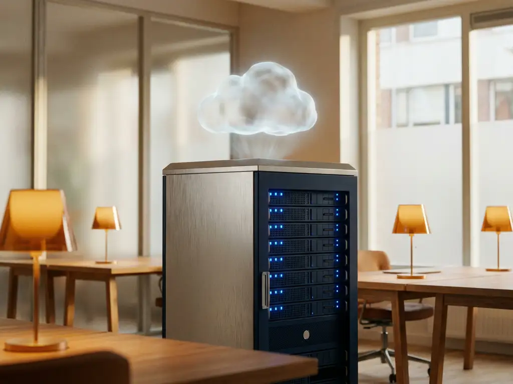 Moderne serverrack in Nederlands kantoor met transparante wolkenformatie erboven, verlicht door warm amberkleurig bureaulicht.